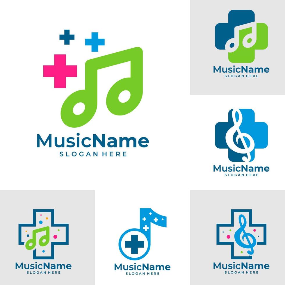 impostato di Salute musica logo vettore. musica più logo design modello vettore