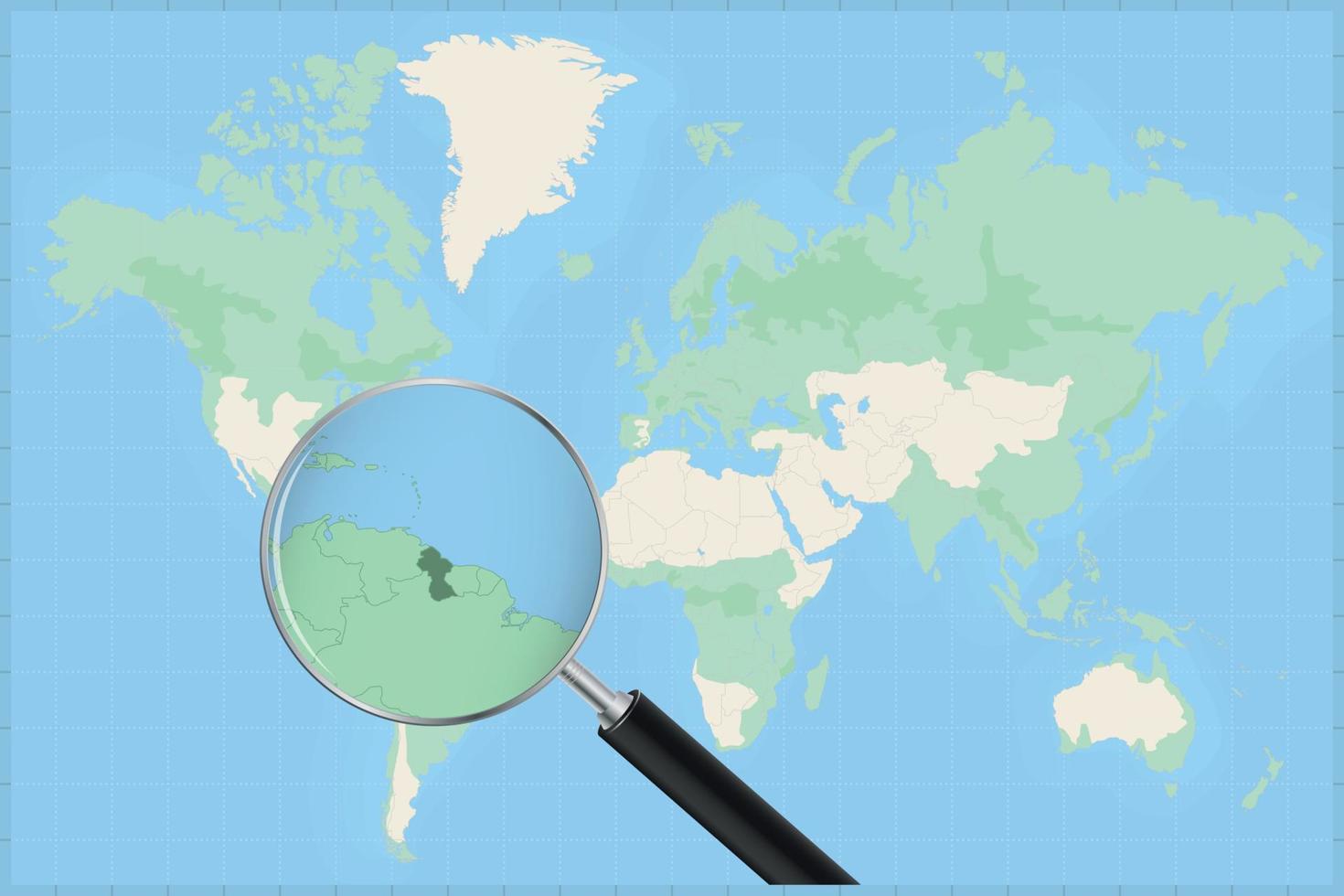 carta geografica di il mondo con un' ingrandimento bicchiere su un' carta geografica di Guyana. vettore