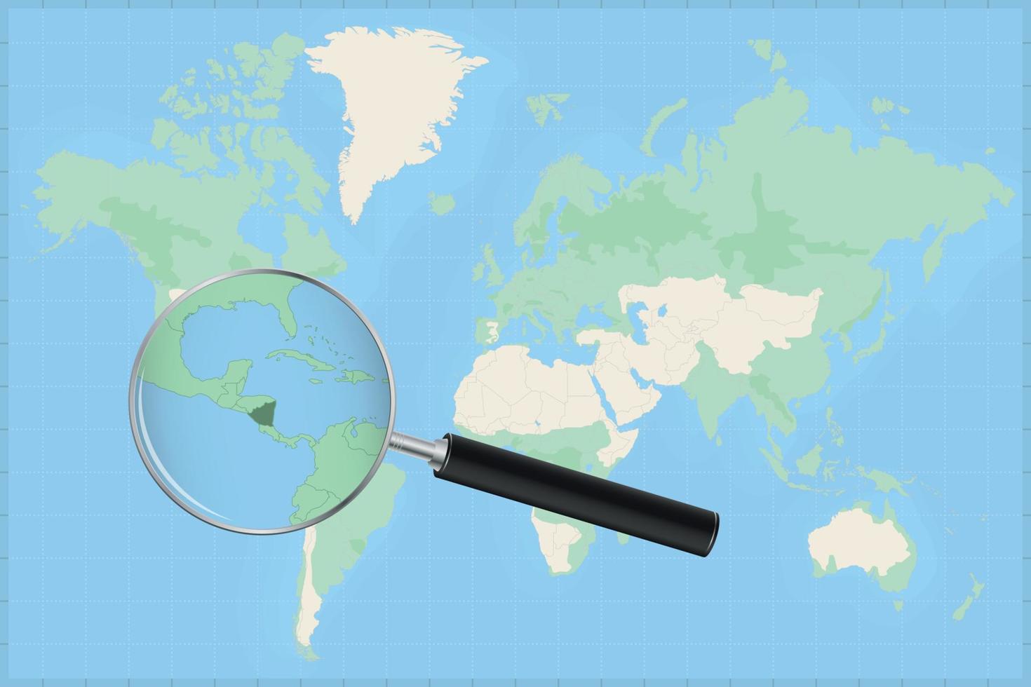 carta geografica di il mondo con un' ingrandimento bicchiere su un' carta geografica di Nicaragua. vettore