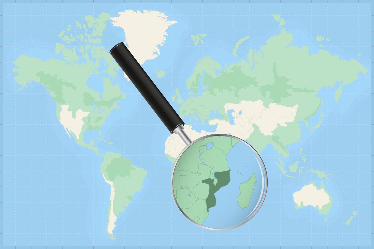 carta geografica di il mondo con un' ingrandimento bicchiere su un' carta geografica di mozambico. vettore