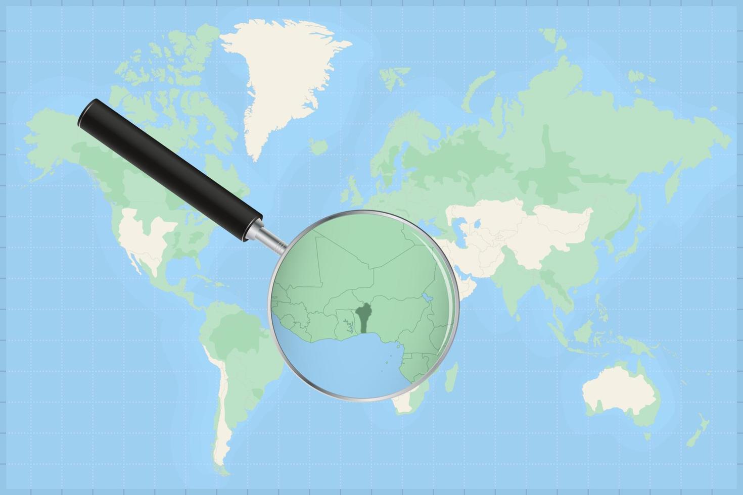 carta geografica di il mondo con un' ingrandimento bicchiere su un' carta geografica di benin. vettore