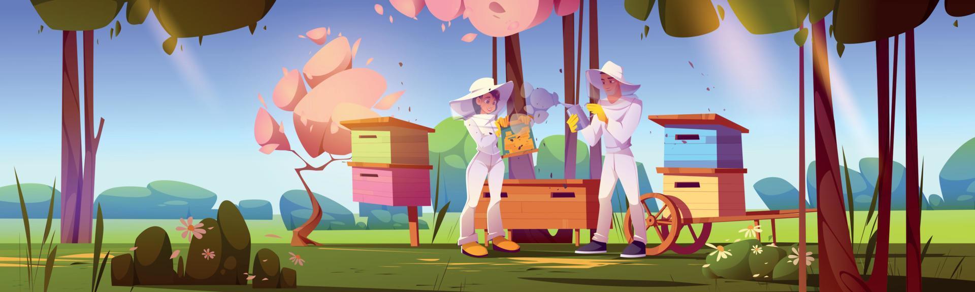 apicoltori su apiario su estate prato vettore