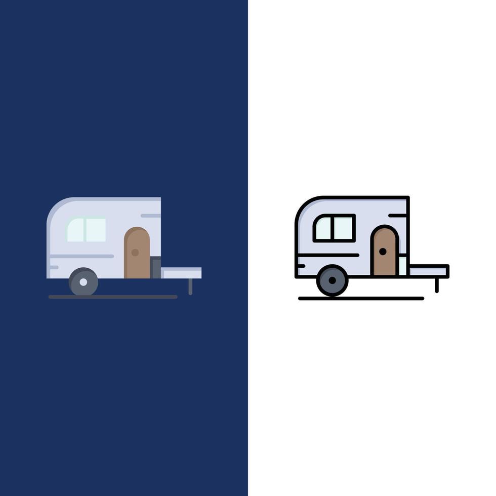 caravan campeggio campo viaggio icone piatto e linea pieno icona impostato vettore blu sfondo