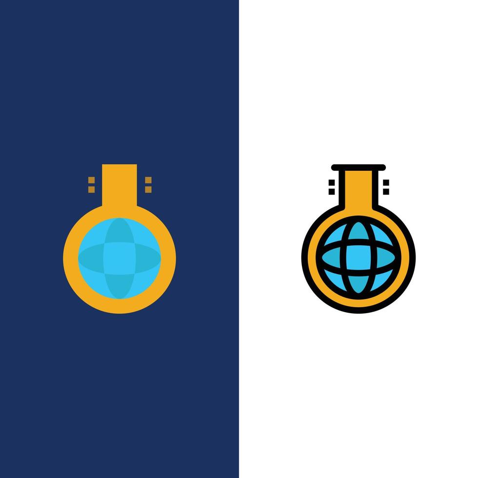 chimico borraccia chimica sperimentare icone piatto e linea pieno icona impostato vettore blu sfondo