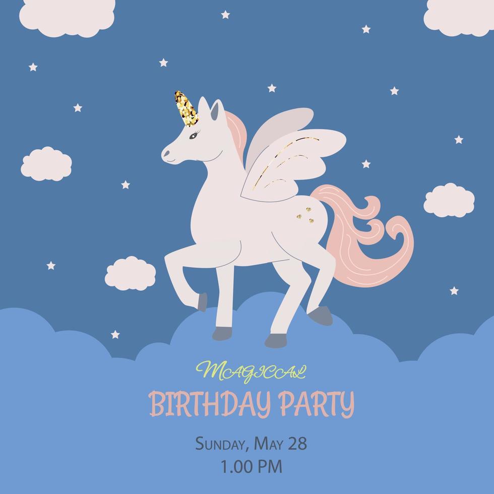 compleanno festa invito con unicorno su blu sfondo vettore