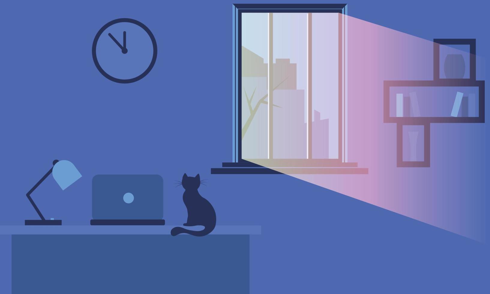 notte finestra raggio di leggero con un' gatto seduta su il tavolo con un' il computer portatile. vettore