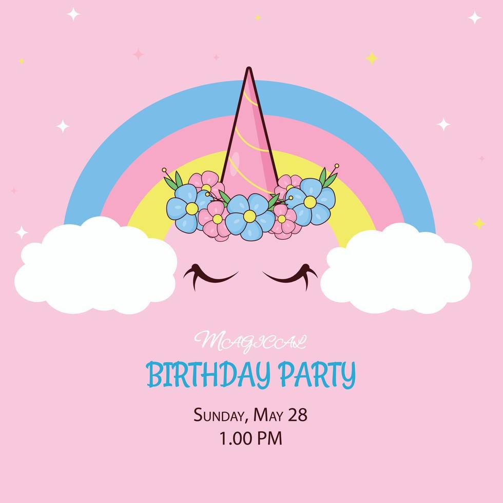 unicorno invito per un' magico compleanno festa su un' blu sfondo vettore