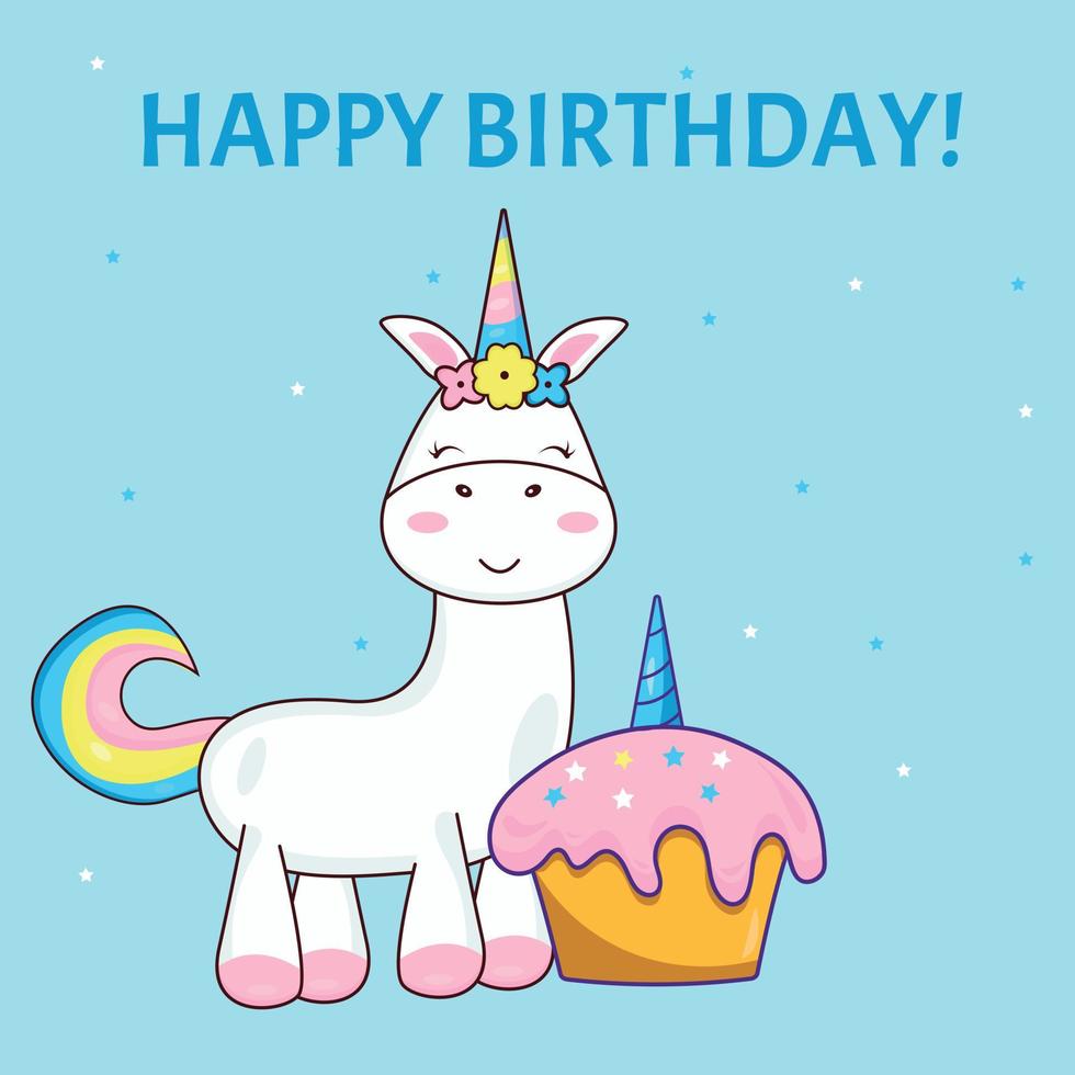 compleanno carta con unicorno e Cupcake vettore