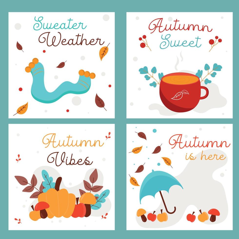 un' impostato di autunno saluto carte nel blu, giallo e rosso. maglione tempo atmosferico. dolce autunno. vibrazioni di autunno. autunno qui. vettore