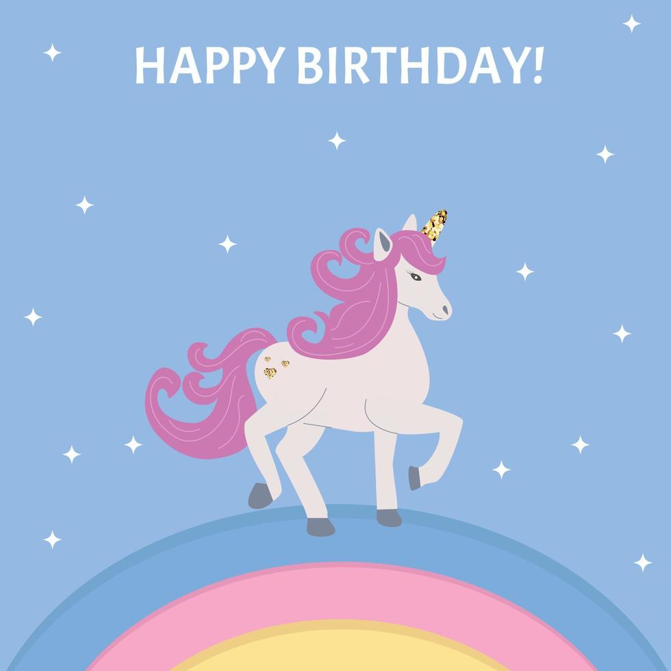 compleanno carta unicorno su un' arcobaleno vettore