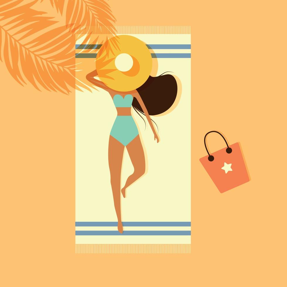 ragazza su il spiaggia. donna prendere il sole su il spiaggia. estate e calore. ragazza nel un' cappello. manifesto ragazza su il spiaggia. vettore
