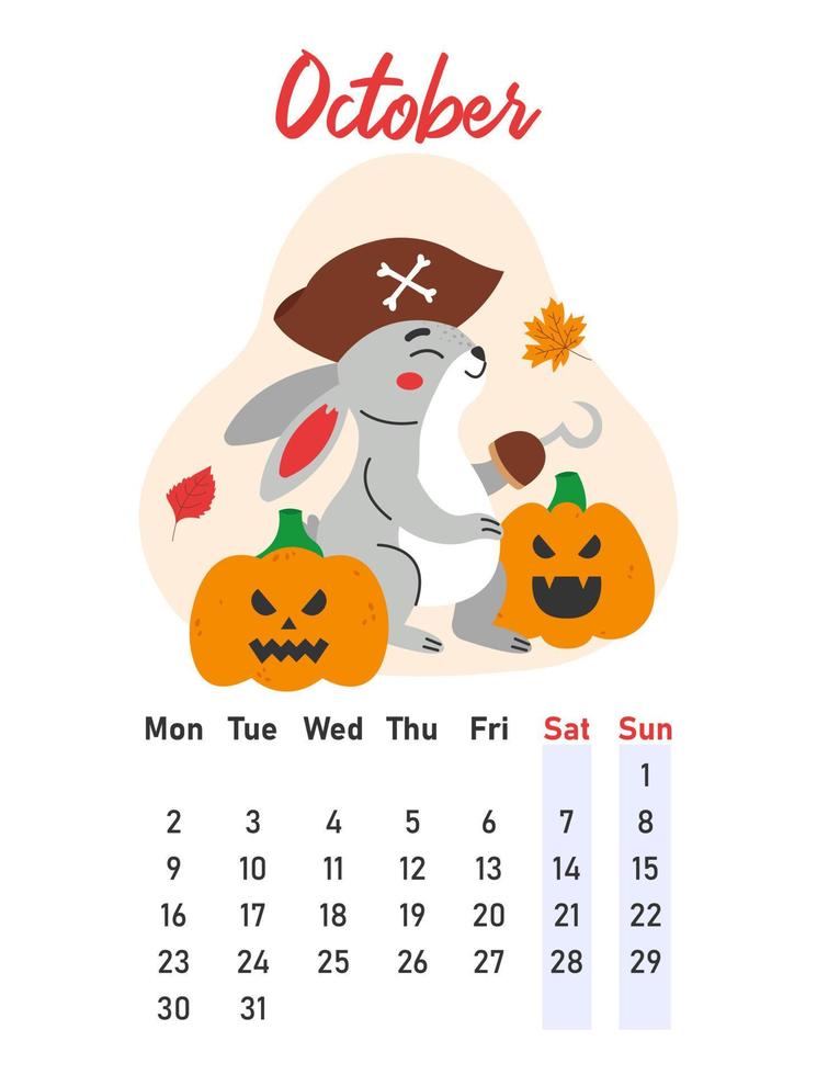 ottobre 2023 calendario. il lepre nel pirata costume celebra Halloween. piatto vettore illustrazione.