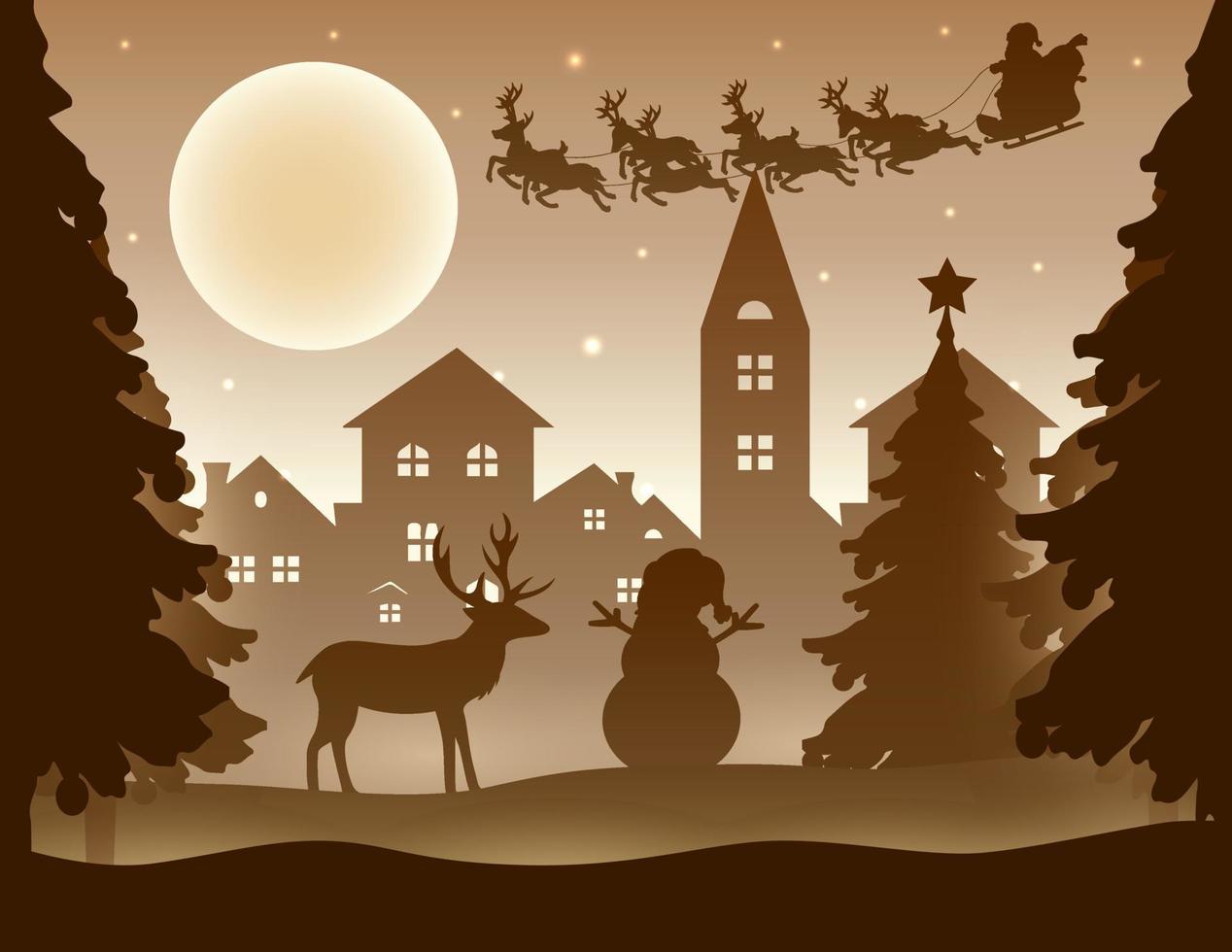 renna silhouette nel il mezzo di il città a Natale volta. allegro Natale saluto carta vettore