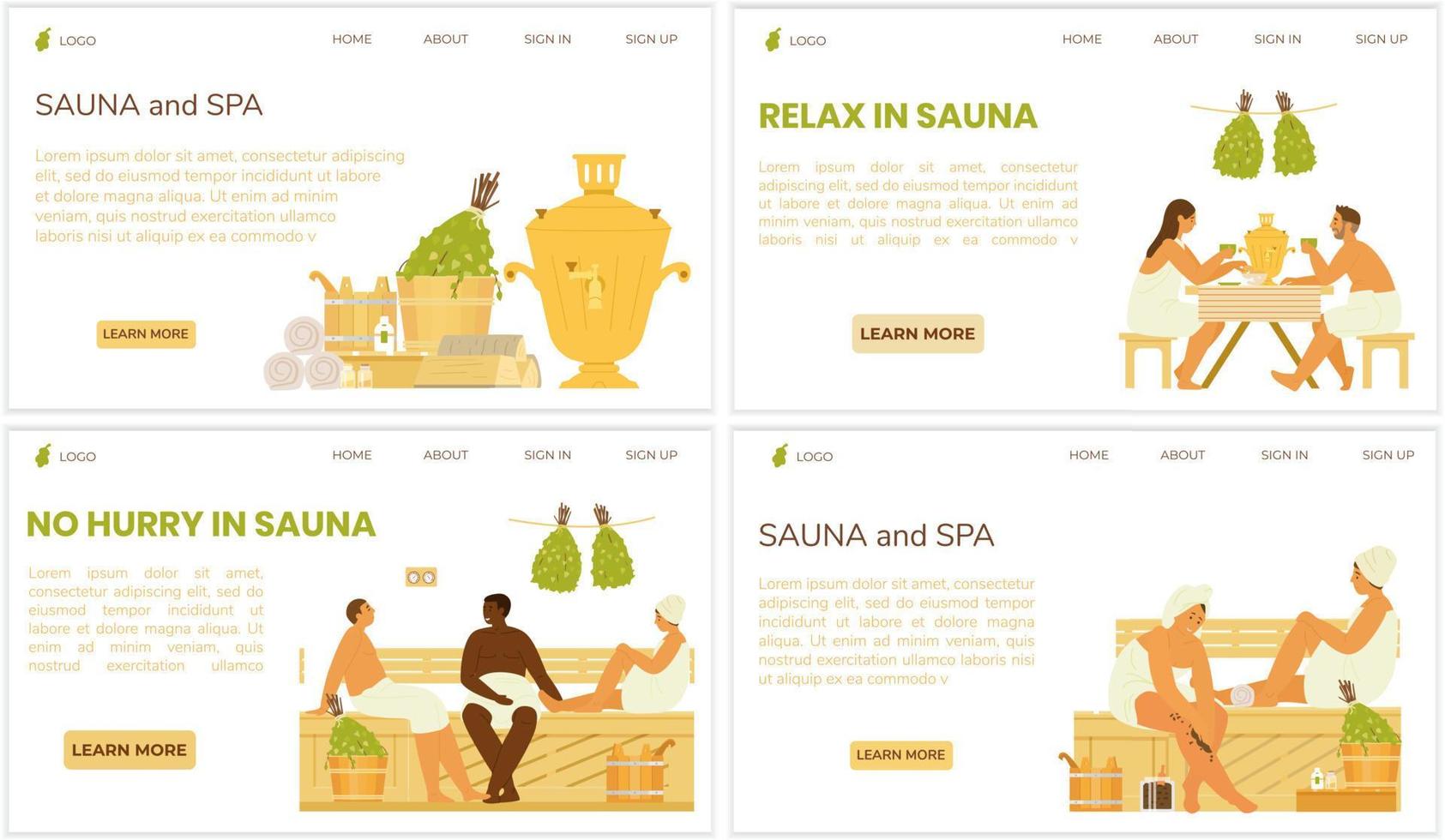 sauna e terme ragnatela pagina modelli impostare. illustrazioni di persone nel sauna, potabile tè a partire dal samovar, rilassante. sauna Accessori. piatto vettore design.