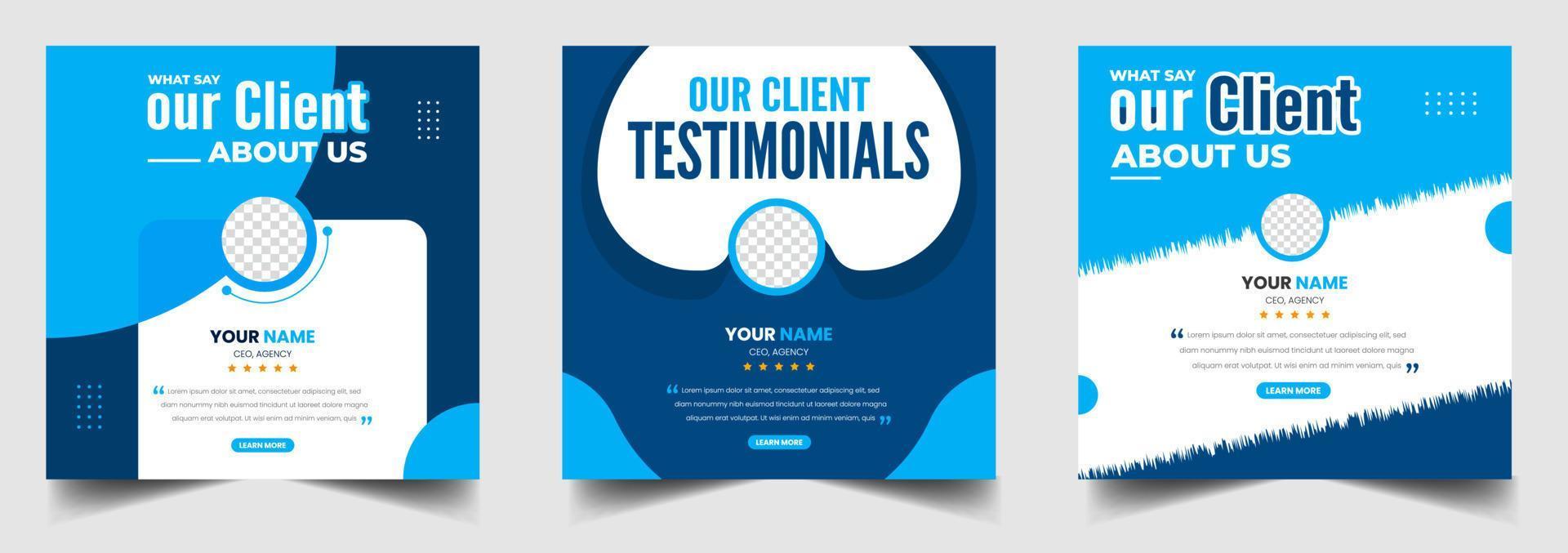 modello di banner web per post sui social media con testimonianze di feedback dei clienti. testimonianze dei clienti modello di progettazione di banner post sui social media con colore blu vettore