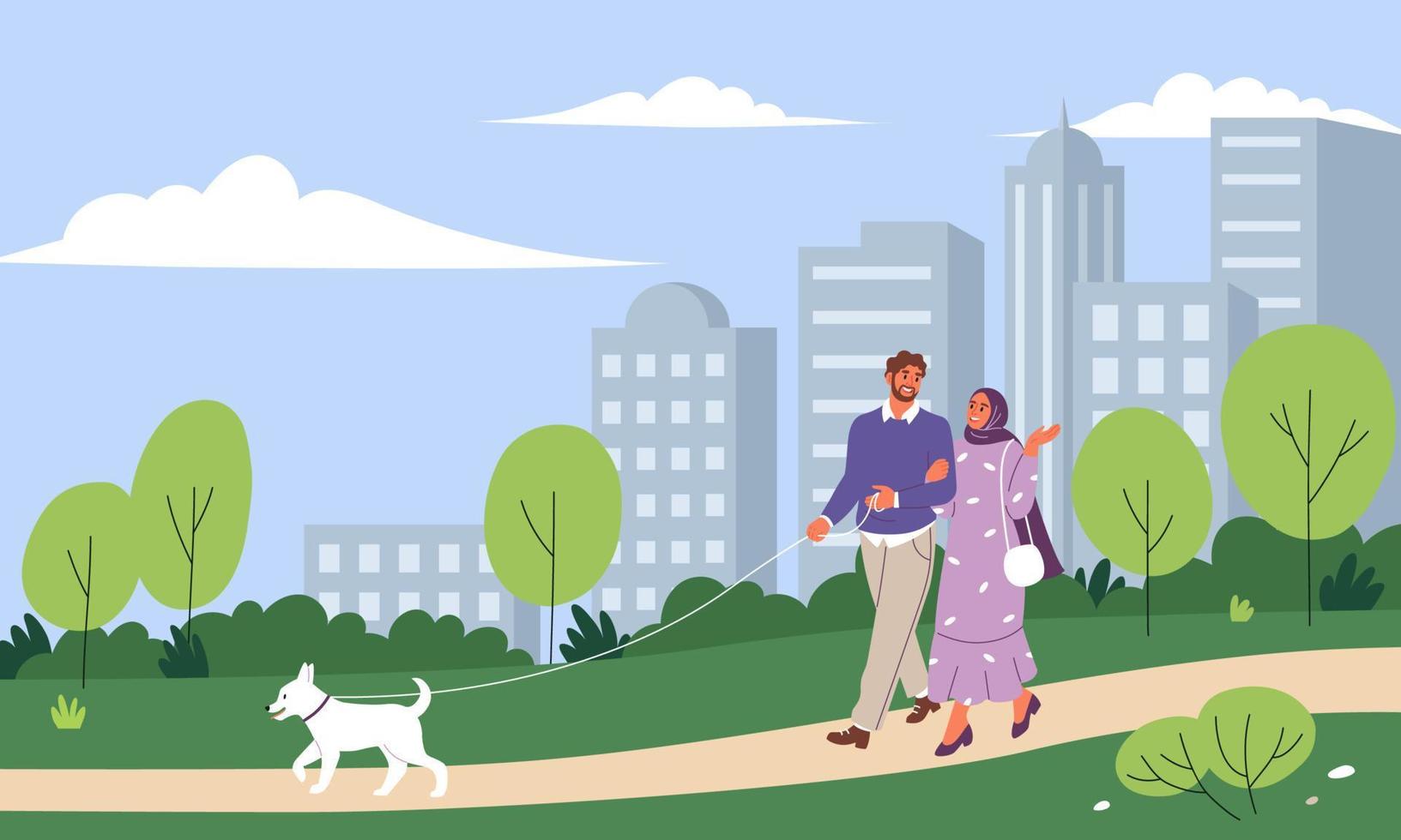 paesaggio con musulmano coppia a piedi un' cane a città parco. piatto vettore illustrazione.