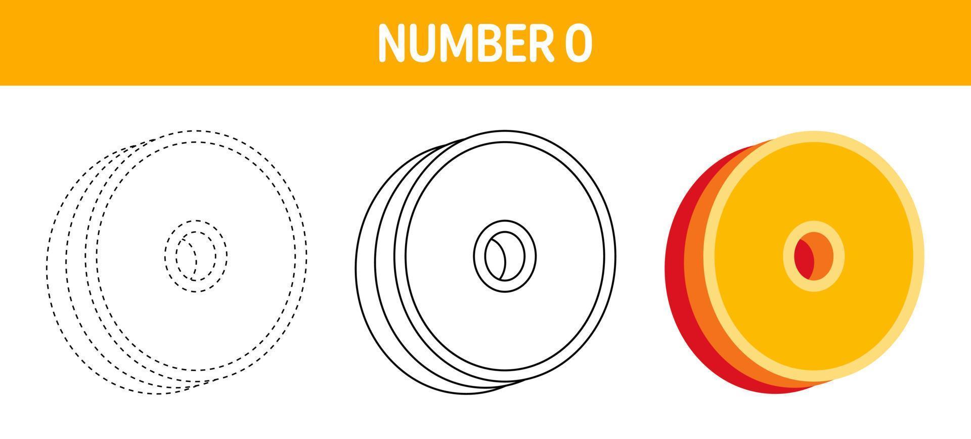 numero 0 arancia, tracciato e colorazione foglio di lavoro per bambini vettore