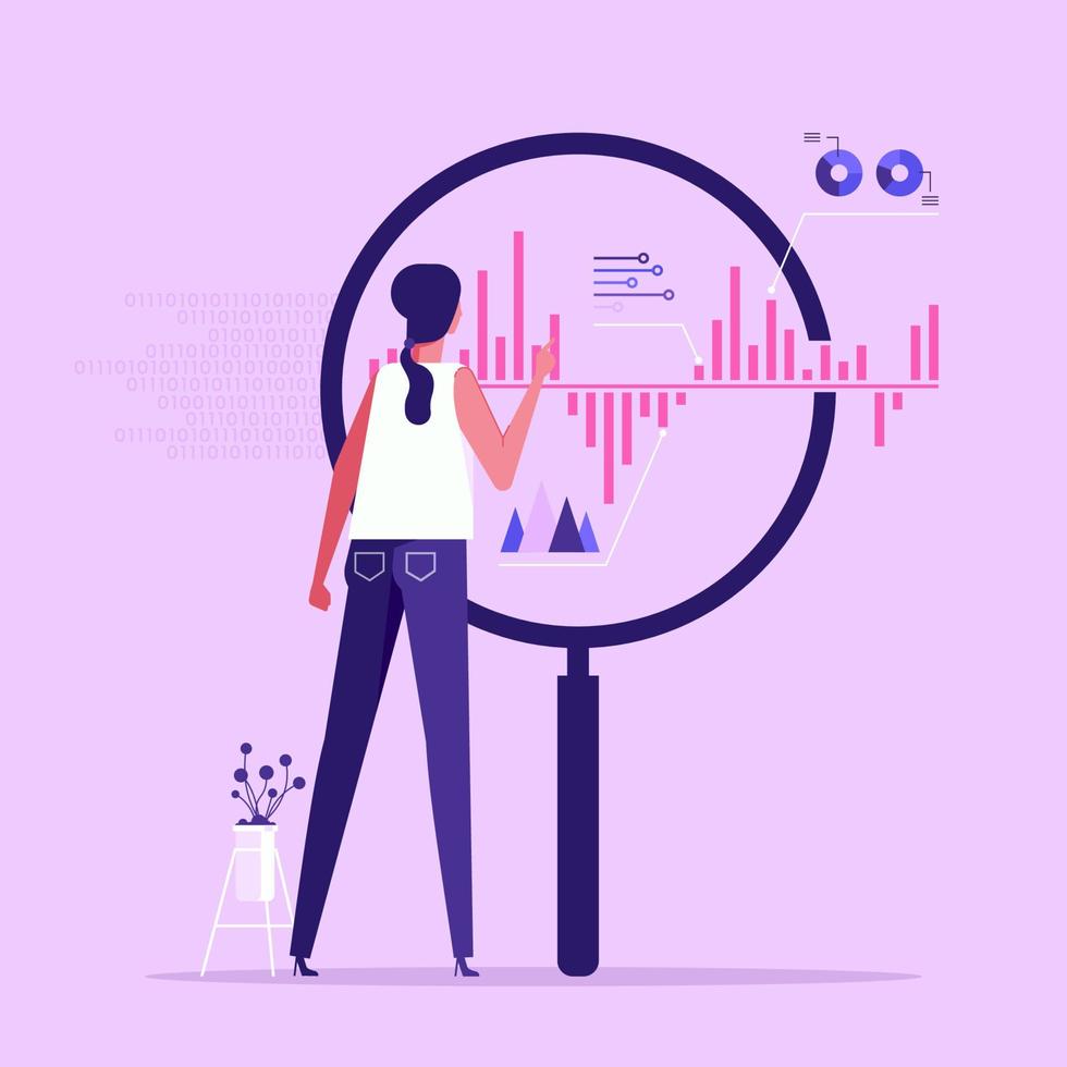 analista guardare a cifre e diagrammi attraverso ingrandimento bicchiere. concetto di grande dati analisi, attività commerciale analisi, statistico ricerca. piatto vettore illustrazione per striscione, manifesto