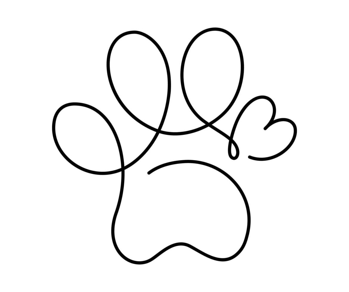cuore con gatto o cane zampa nel continuo uno linea disegno logo. minimo linea arte. animale impronta nel cuore. animale domestico amore concetto vettore