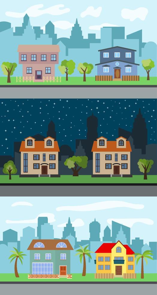 impostato di tre vettore illustrazioni di città strada con cartone animato case e alberi. estate urbano paesaggio. strada Visualizza con paesaggio urbano su un' sfondo