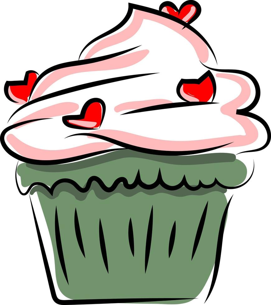 Cupcake con cuori, illustrazione, vettore su bianca sfondo.