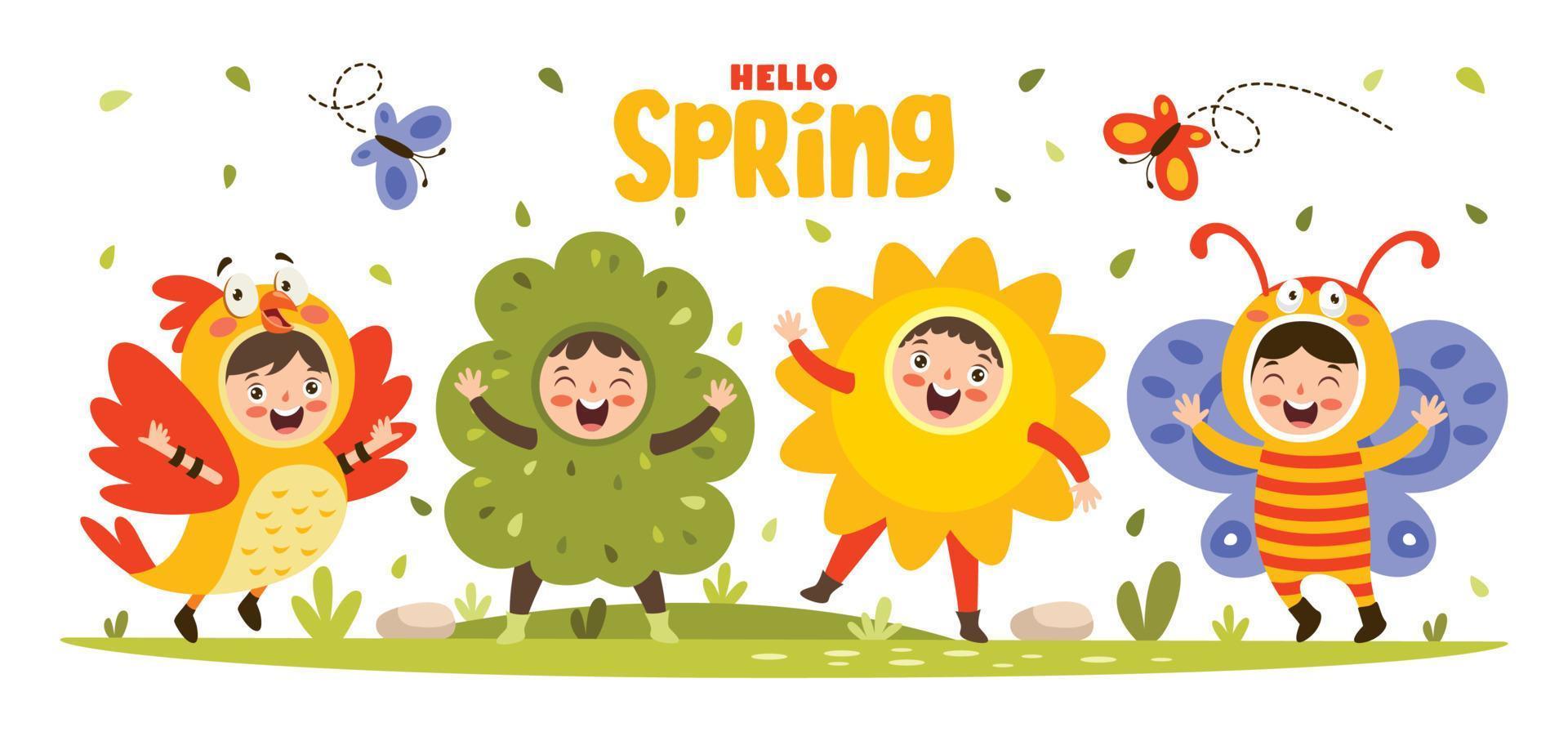 primavera stagione con cartone animato bambini vettore