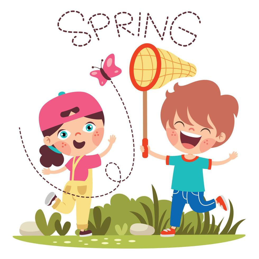 primavera stagione con cartone animato bambini vettore