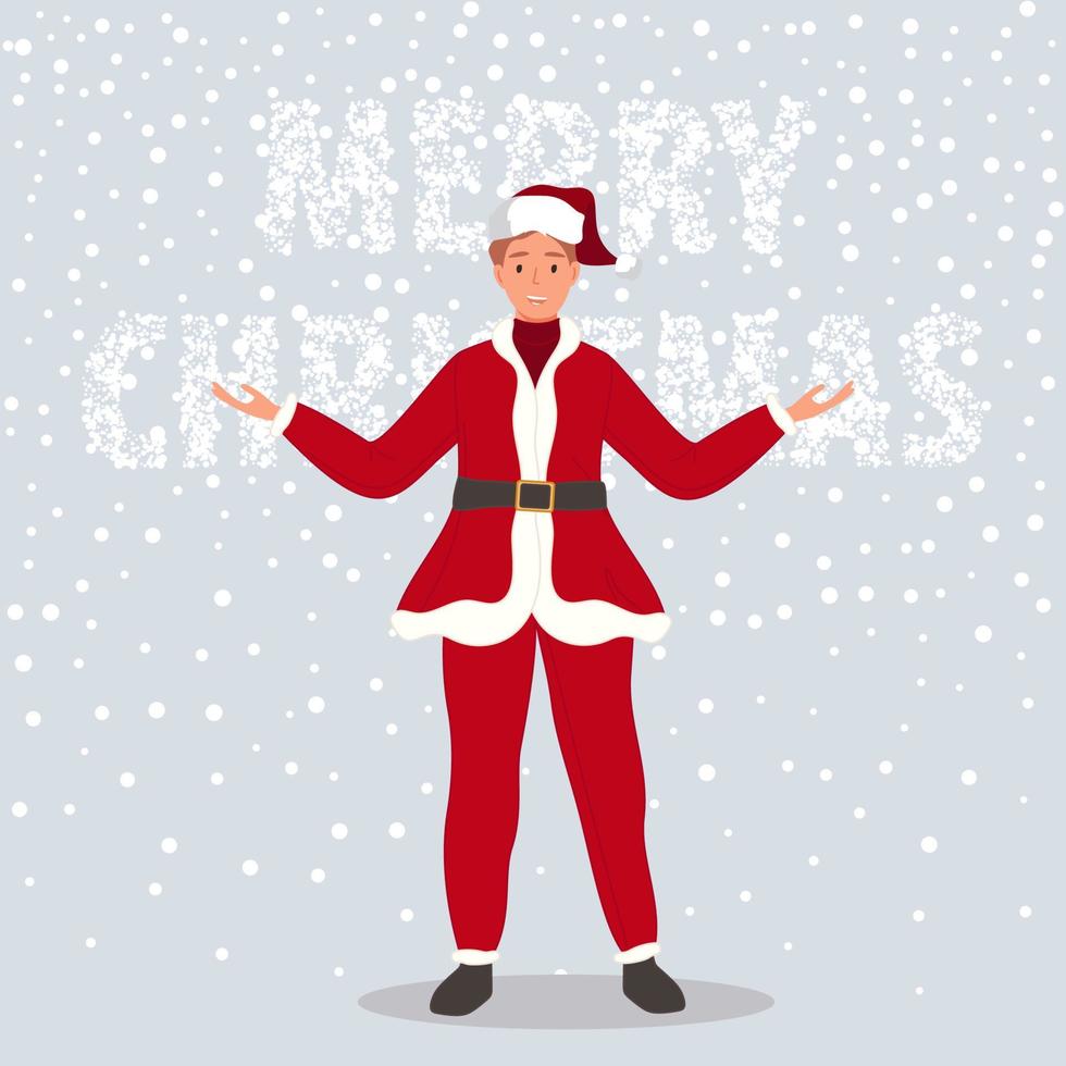 contento uomo indossare nel Santa Claus Abiti su neve sfondo allegro Natale concetto. vettore illustrazione