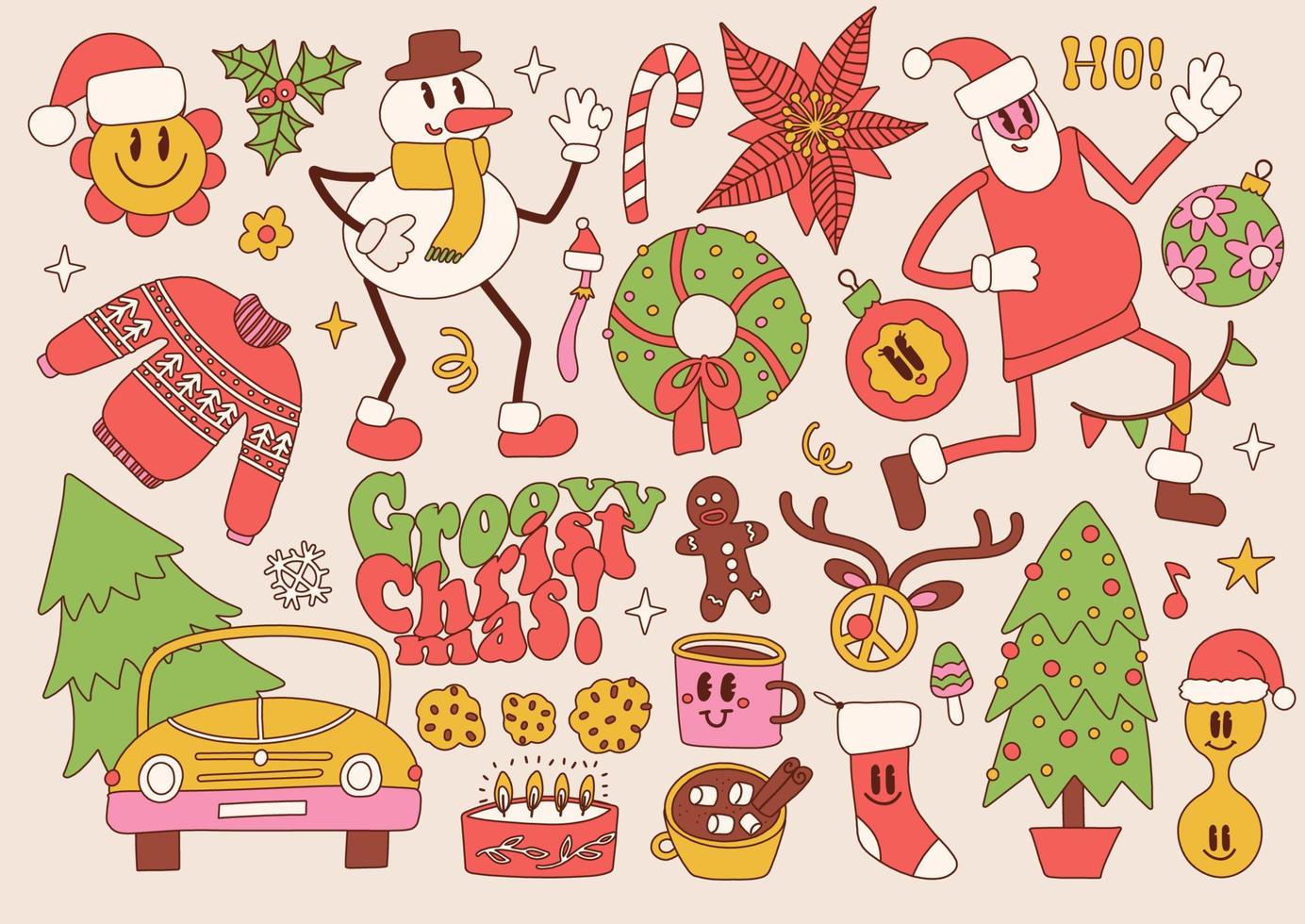Groovy hippie Natale elementi e personaggi impostare. Santa claus, Natale albero, i regali, Pan di zenzero, pace cartello, pupazzo di neve nel di moda 70s 60s retrò cartone animato stile. vettore mano disegnato contorno illustrazione.