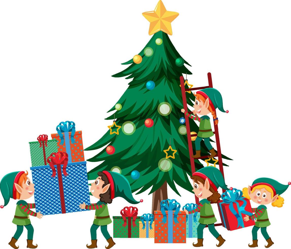 bambini nel elfo costume decorazione Natale albero vettore