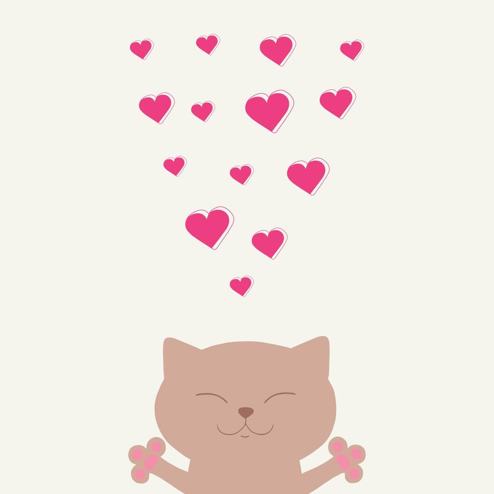 carino sorridente leggero Marrone gatto dà cuori. gatto gattino gattino. contento san valentino giorno. carino cartone animato kawaii divertente animale personaggio testa viso. piatto design. amore carta. etichetta Stampa vettore