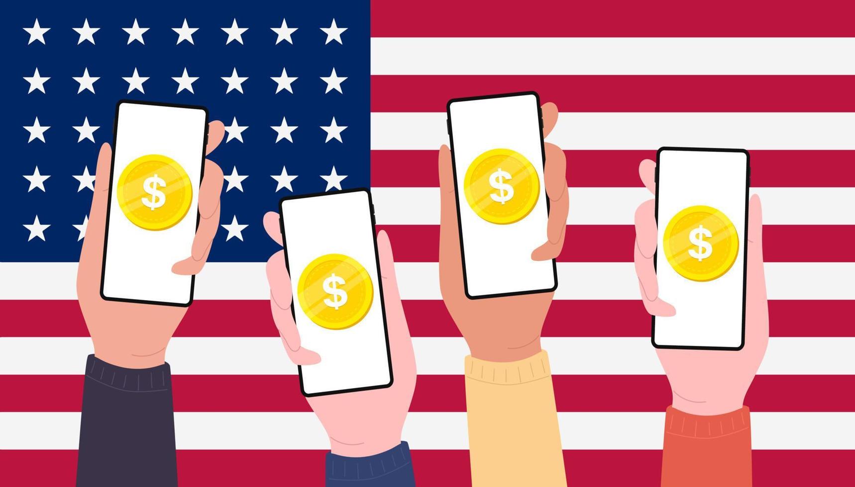 digitale dollaro monete su mobile schermo di le persone, cbdc moneta futuristico digitale i soldi su Stati Uniti d'America bandiera sfondo. vettore