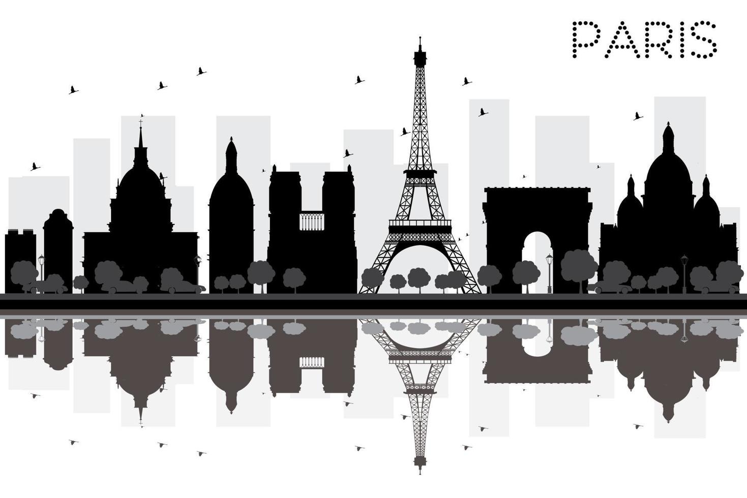 Parigi città orizzonte nero e bianca silhouette con riflessi. vettore
