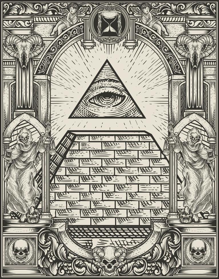 illustrazione piramide illuminati con stile incisione vettore