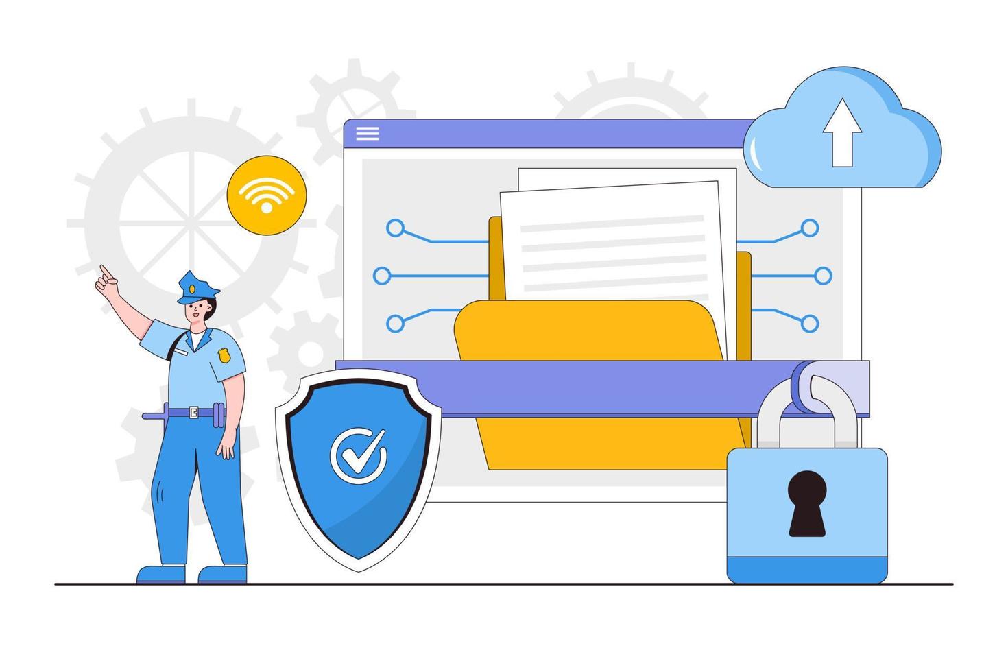 piatto informatica dati protezione in linea con sicurezza guardia in piedi e computer dati concetto. schema design stile minimo vettore illustrazione per atterraggio pagina, ragnatela striscione, infografica, eroe immagini