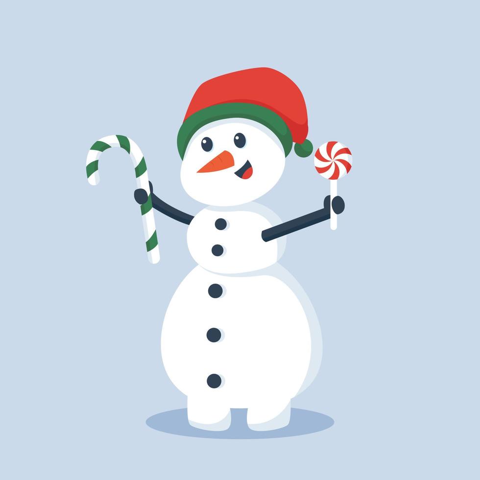 Natale pupazzo di neve con caramella personaggio design illustrazione vettore