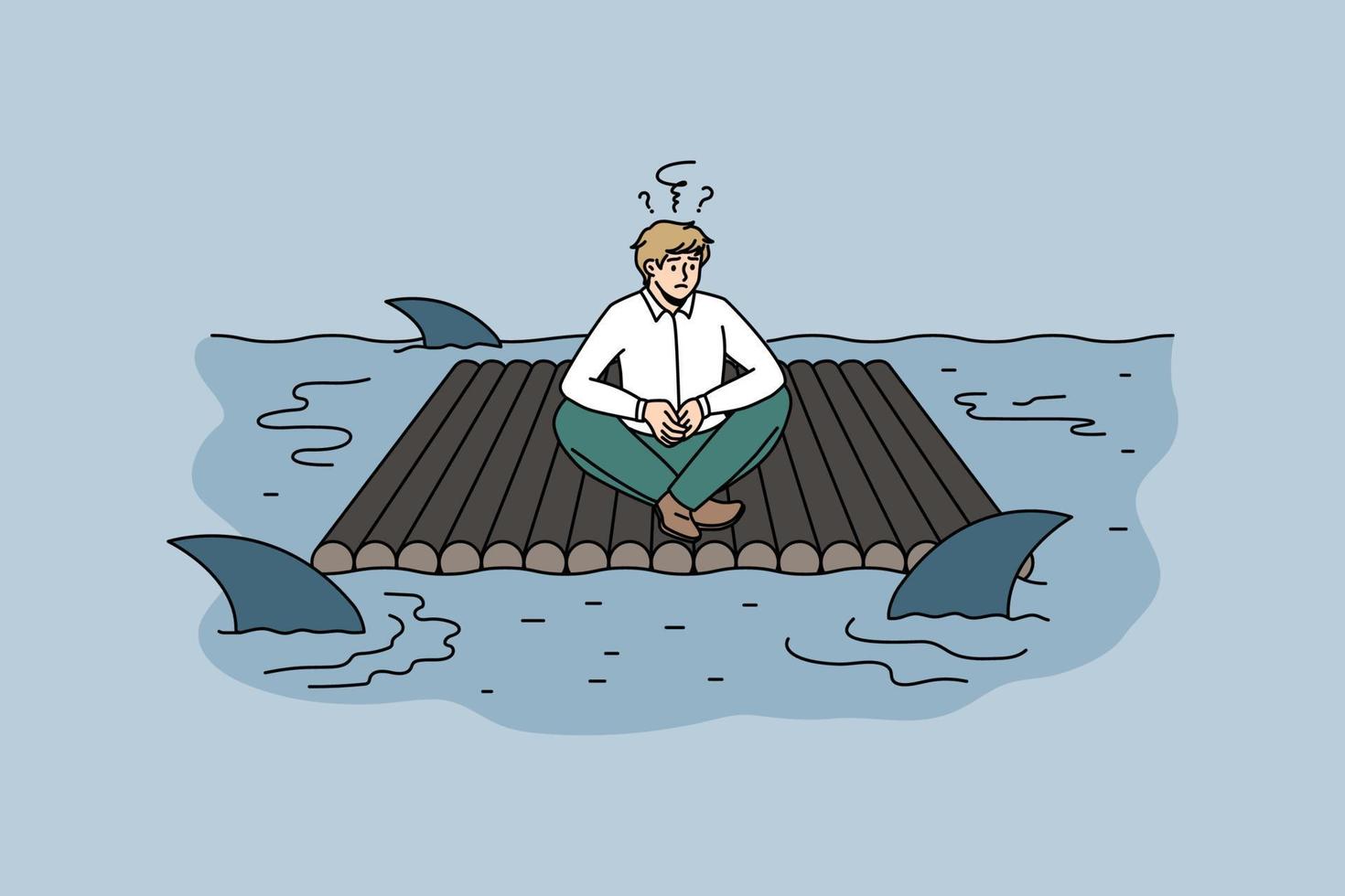 attività commerciale rischi e Pericolo concetto. stressato frustrato uomo d'affari seduta su zattera sensazione nel Pericolo perché di squali nuoto in giro vettore illustrazione