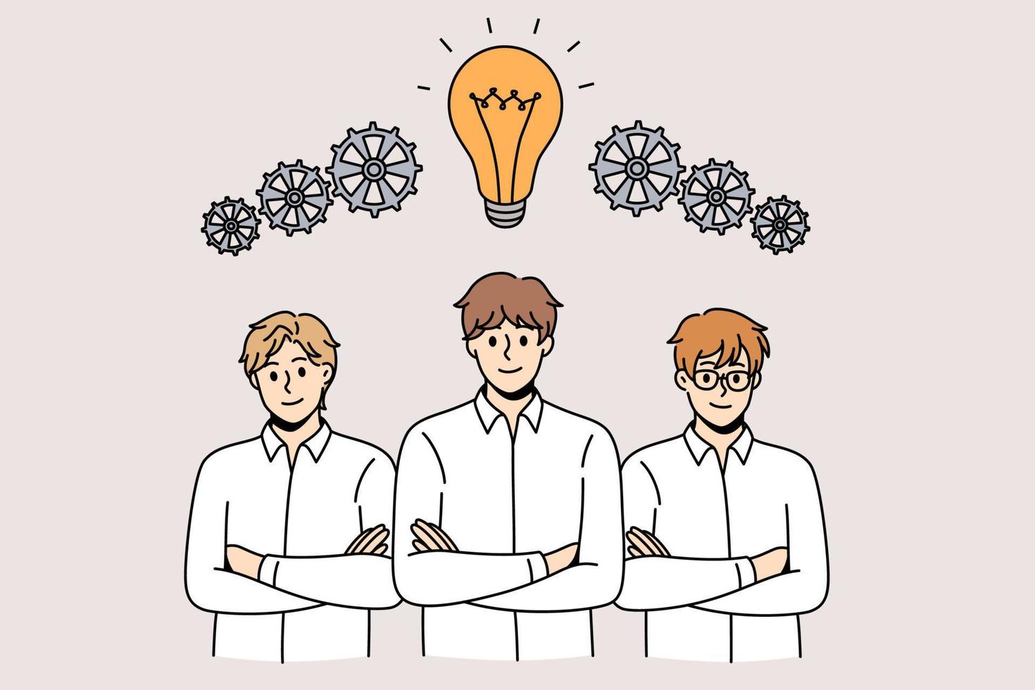 lavoro di squadra motivazione e brainstorming concetto. gruppo di sorridente uomo e donna colleghi creare attività commerciale idea per sviluppo e strategia vettore illustrazione.