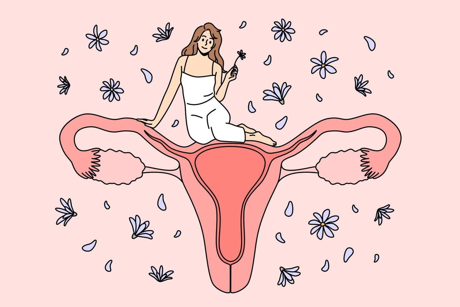 femmina riproduttore sistema Salute concetto. piccolo dente positivo bella donna seduta su enorme femmina salutare utero sensazione fiducioso vettore illustrazione