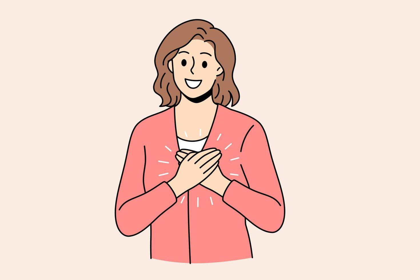 gratitudine e positivo emozioni concetto. giovane sorridente femmina indossare rosso giacca in piedi con attraversato mani su Seno sensazione grato vettore illustrazione
