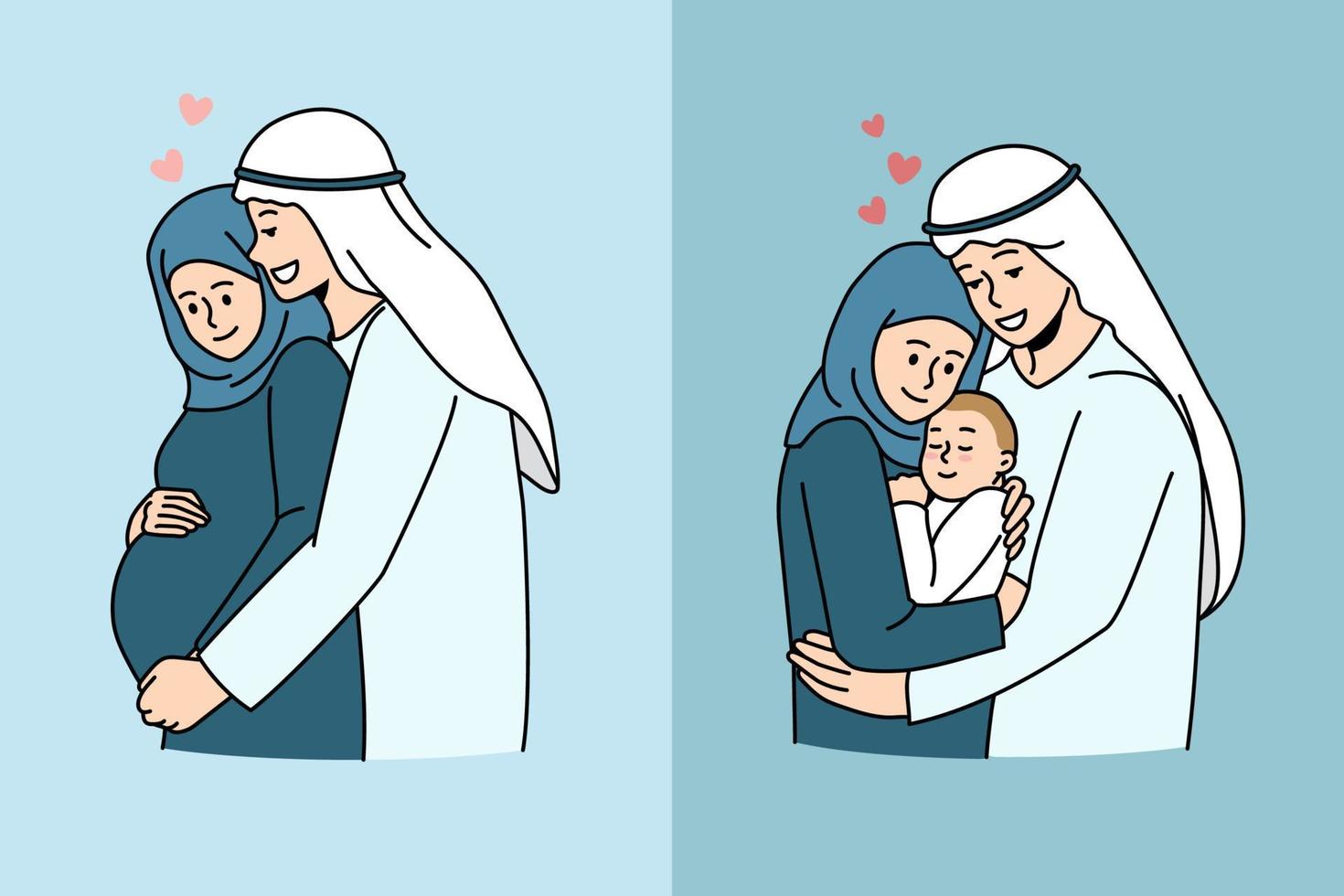 islamico e Arabo famiglia concetto. contento giovane arabo famiglia wirh incinta moglie e poi con piccolo infantile neonato bambino amorevole coppia genitori con bambino vettore illustrazione