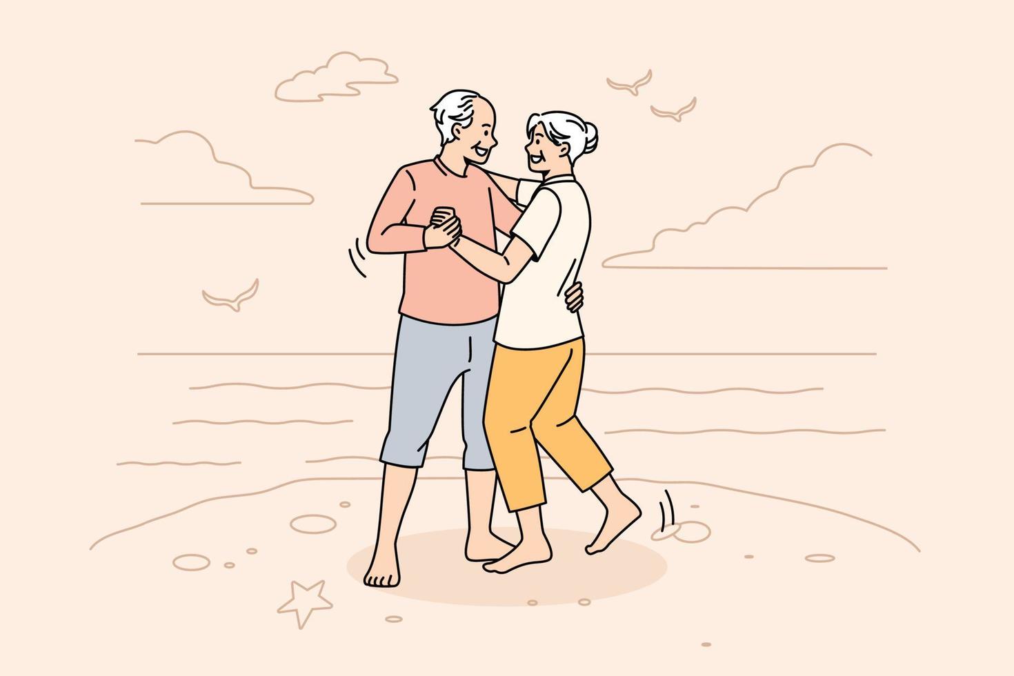 contento attivo stile di vita di maturo persone concetto. sorridente contento positivo anziano coppia uomo e donna in piedi danza e godendo fine settimana su spiaggia vettore illustrazione