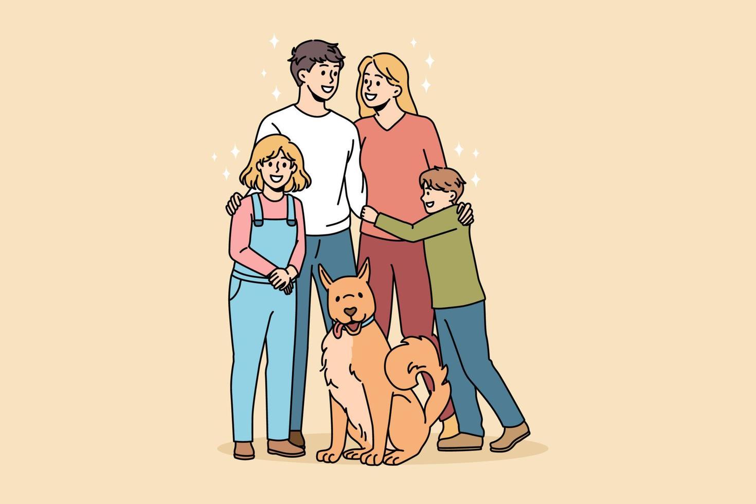 contento famiglia e animali domestici concetto. sorridente amorevole famiglia padre madre e bambini in piedi Abbracciare una persona ogni altro con loro cane durante camminare vettore illustrazione