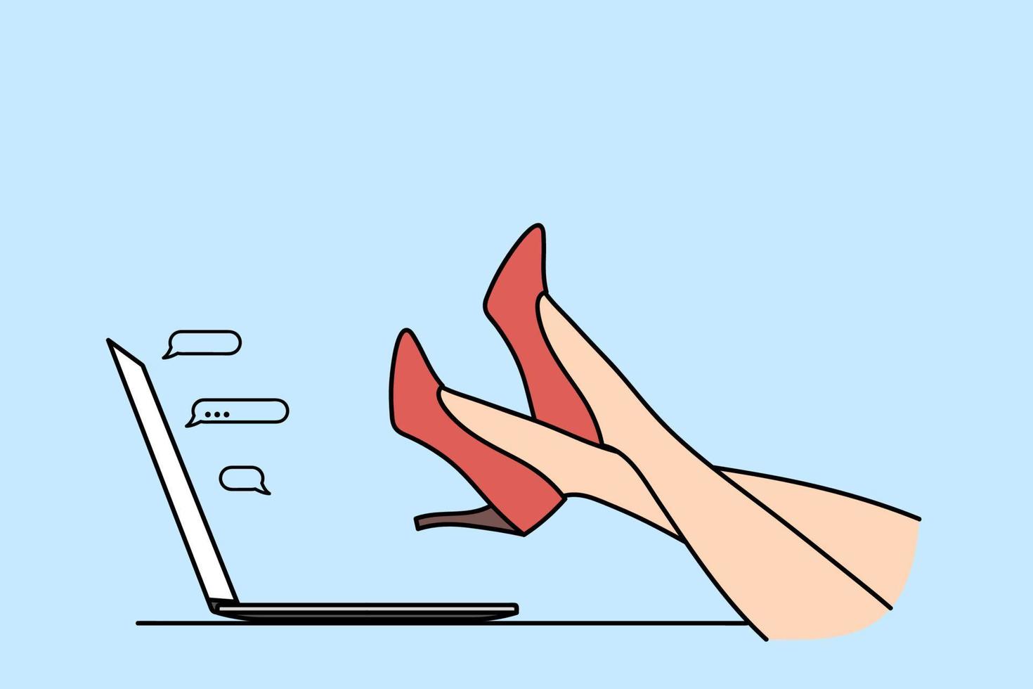 eleganza e moda su opera concetto. piede nel alto rosso tacco scarpe rilassante su il computer portatile tastiera con Chiacchierare bolle a partire dal schermo vettore illustrazione