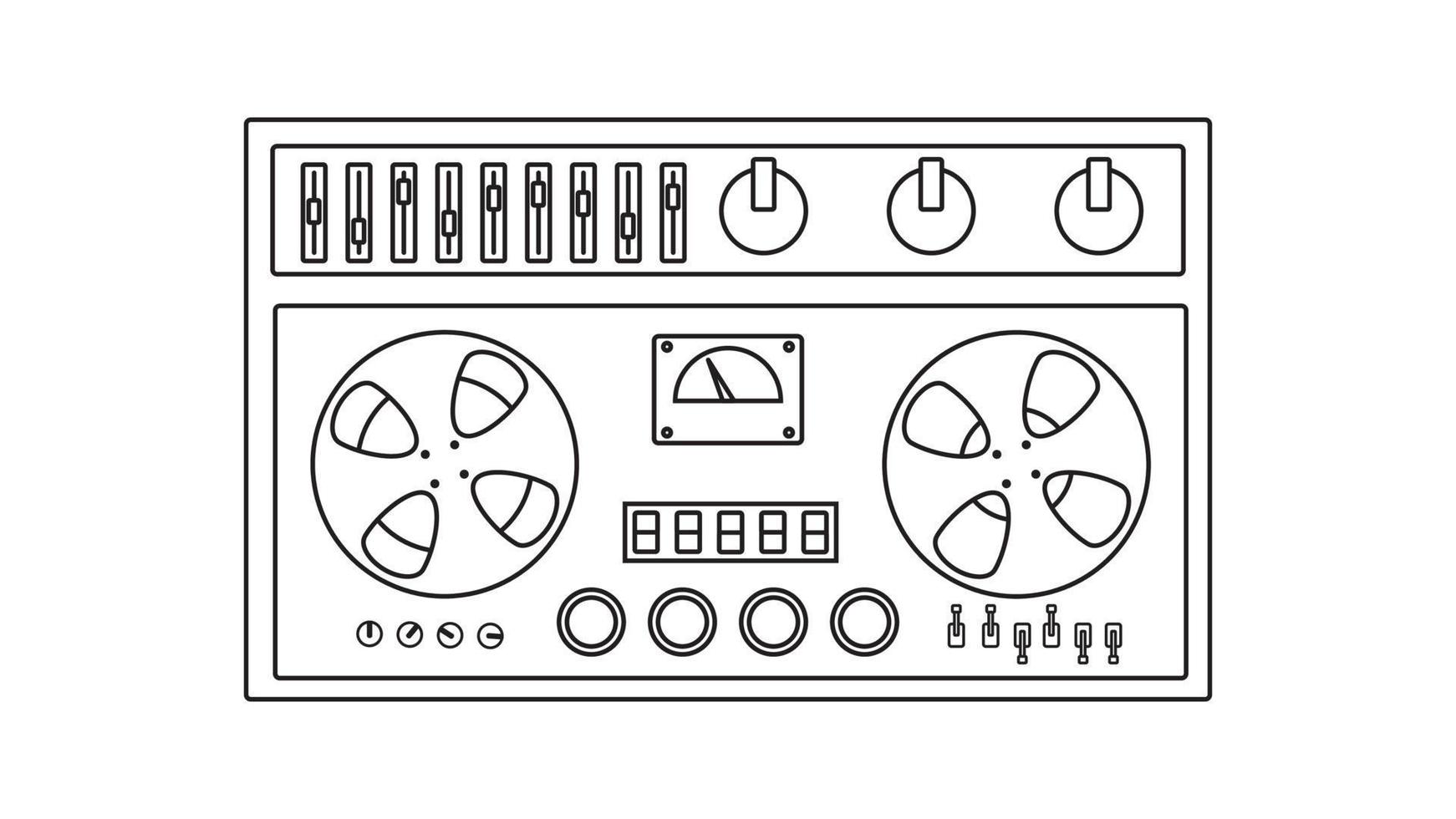 vecchio retrò Vintage ▾ musica cassetta nastro registratore con magnetico nastro su bobine a partire dal il anni '70, anni 80, anni 90. nero e bianca icona. vettore illustrazione