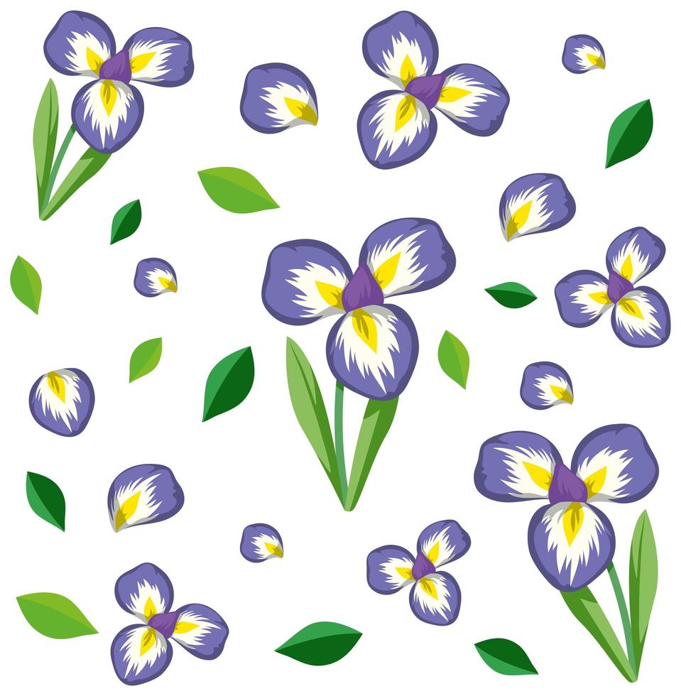 set di graziosi fiori viola e foglie vettore