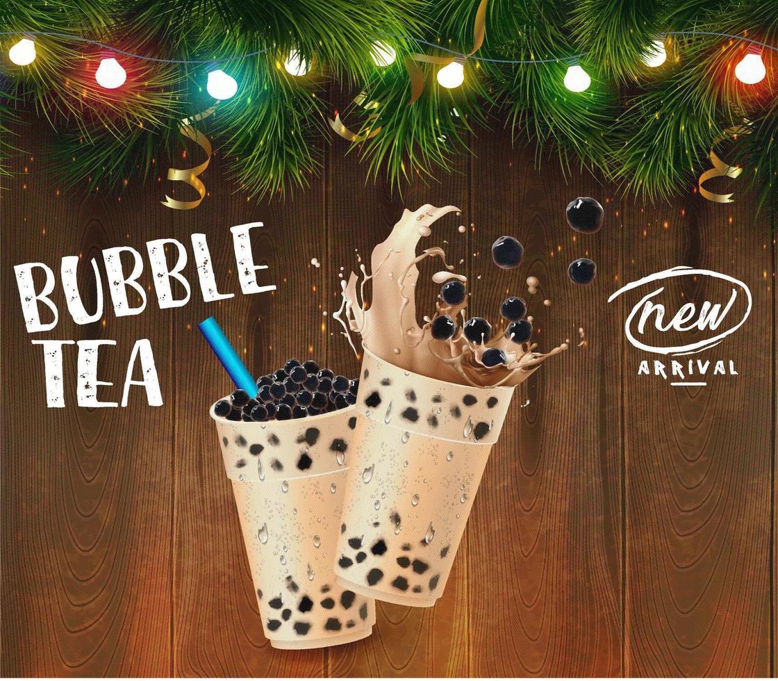 Bubble tea pubblicità a tema natalizio vettore