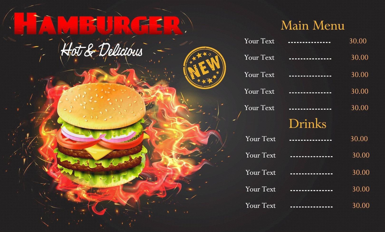 modello di menu hamburger fiammeggiante vettore