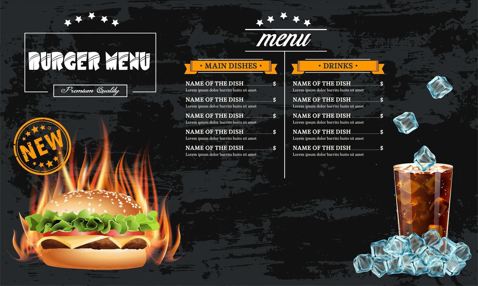 modello di menu gustosi hamburger fast food vettore