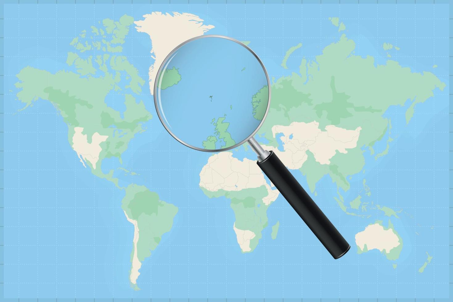 carta geografica di il mondo con un' ingrandimento bicchiere su un' carta geografica di Faroe isole. vettore